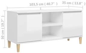 Έπιπλο Τηλεόρασης Γυαλ. Λευκό 103,5x35x50 εκ Μασίφ Ξύλινα Πόδια - Λευκό