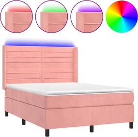 vidaXL Κρεβάτι Boxspring με Στρώμα &amp; LED Ροζ 140x190 εκ. Βελούδινο