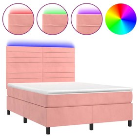 vidaXL Κρεβάτι Boxspring με Στρώμα & LED Ροζ 140x200 εκ. Βελούδινο