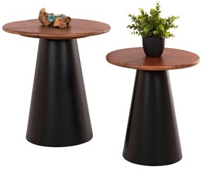 SIDE TABLES 2PCS SUNNI  BLACK METAL-WALNUT COLORED MANGO TOP Φ48,5 &amp; Φ39,5 cm.