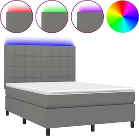 vidaXL Κρεβάτι Boxspring με Στρώμα &amp; LED Σκ.Γκρι 140x190εκ. Υφασμάτινο