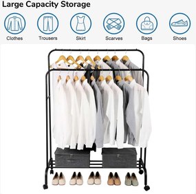 Διπλή Tροχήλατη Κρεμάστρα Δαπέδου 110x55x150cm με 1 Ράφι - Άσπρο