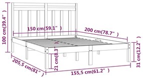 vidaXL Πλαίσιο Κρεβατιού Μαύρο 150 x 200 εκ. Μασίφ Ξύλο King Size