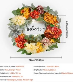 VEVOR Artificial Decorative Wreath 24 in Red Orange Yellow Hydrangeas Roses