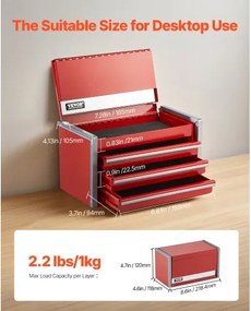 VEVOR Tool Box 8.6-inch Portable Metal Tool Box 3 Drawers Tool Organizer Red