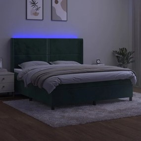 vidaXL Κρεβάτι Boxspring με Στρώμα & LED Σκ. Πράσινο 160x200εκ Βελούδο