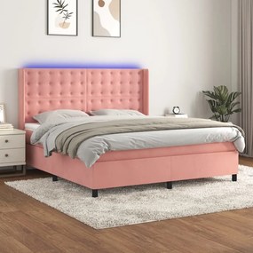 Κρεβάτι Boxspring με Στρώμα &amp; LED Ροζ 160x200 εκ. Βελούδινο