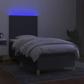 vidaXL Κρεβάτι Boxspring με Στρώμα & LED Σκ.Γκρι 90x190 εκ. Υφασμάτινο