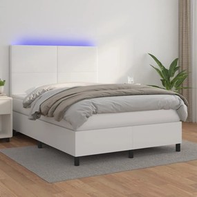 vidaXL Κρεβάτι Boxspring με Στρώμα & LED Λευκό 140x200 εκ. Συνθ. Δέρμα