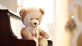 Intra Συλλεκτικό Ξύλινο Παζλ Plywood  4mm - Καφέ αρκουδάκι σε πάγκο πιάνου με λουλούδια Σε Ξύλινο Κουτί - Διαστάσεις Puzzle: 10x10 cm – 25 κομμάτια