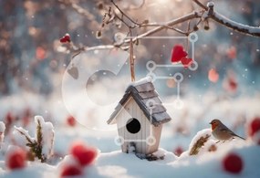 Intra Συλλεκτικό Ξύλινο Παζλ Plywood  4mm - Birdhouse στο χιόνι με κόκκινες καρδιές Σε Ξύλινο Κουτί - Διαστάσεις: 10x10 cm – 25 κομμάτια