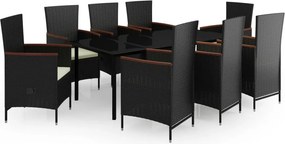vidaXL Σετ Τραπεζαρίας Κήπου 9 τεμ Μαύρο με Μαξιλάρια