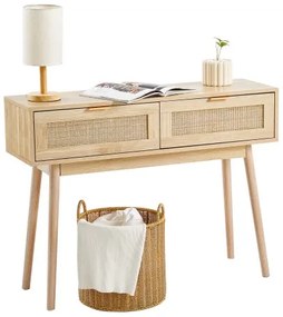 VEVOR Rattan Console Table with 2 Storage Drawers Rattan Sliding Door Natural