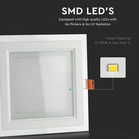 V-TAC LED panel χωνευτό 12W 3000K Θερμό λευκό Τετράγωνο γυάλινο