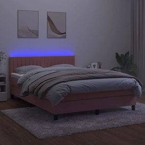 vidaXL Κρεβάτι Boxspring με Στρώμα &amp; LED Ροζ 140x190 εκ. Βελούδινο