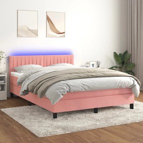 vidaXL Κρεβάτι Boxspring με Στρώμα & LED Ροζ 140x190 εκ. Βελούδινο