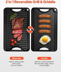 VEVOR 14x8.5 in Reversible Grill Griddle Pre-Seasoned BBQ Pan Cast Iron Black