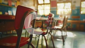 Intra Συλλεκτικό Ξύλινο Παζλ Plywood 4mm - Φωτεινή τάξη με κόκκινες καρέκλες και τραπέζια Σε Ξύλινο Κουτί - Διαστάσεις Puzzle: 10x10 cm – 25 κομμάτια