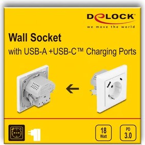 DELOCK πρίζα τοίχου 11499 με θύρες φόρτισης USB &amp; USB-C, 18W PD, λευκή