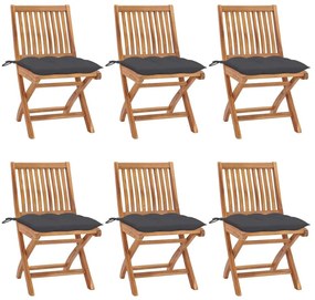 Καρέκλες Κήπου Πτυσσόμενες 6 τεμ. Μασίφ Ξύλο Teak με Μαξιλάρια - Ανθρακί