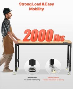 VEVOR 60" Workbench on Wheels Adjustable Height Table with Power Outlet &amp; Pegboard