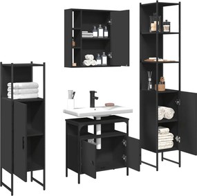 vidaXL Σετ Ντουλάπι Μπάνιου 4 Τεμαχίων Μαύρο από Επεξεργασμένο Ξύλο