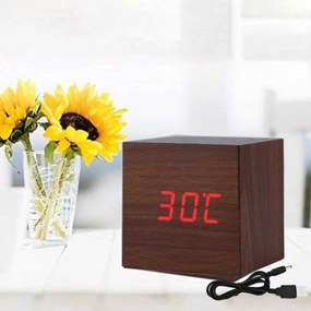 Ξύλινο Επιτραπέζιο Ψηφιακό Ρολόι, Ξυπνητήρι, Θερμόμετρο με οθόνη LED - Καφέ
