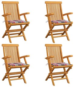 Καρέκλες Κήπου 4 τεμ. Μασίφ Ξύλο Teak με Κόκκινα Καρό Μαξιλάρια