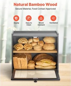 VEVOR Double Layer Bread Box for Kitchen Counter Bamboo Storage Bread Container