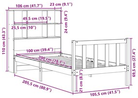 Κρεβάτι Βιβλιοθήκη Χωρίς Στρώμα 100x200 εκ. Μασίφ Ξύλο Πεύκο - Λευκό