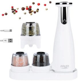 Ηλεκτρικός Μύλος Μπαχαρικών Adler AD 4449W, 3 τμχ, 150 ml, USB, μπαταρία Li-Ion 1500mAh, Κεραμικές λεπίδες, Λευκό