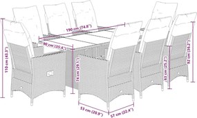 vidaXL Σετ Τραπεζαρίας Κήπου 9 τεμ. Γκρι Συνθ. Ρατάν με Μαξιλάρια