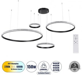 Κρεμαστό Φωτιστικό Οροφής LED 150W 18379lm DIAMOND TETRA Globostar 61148 Μαύρο