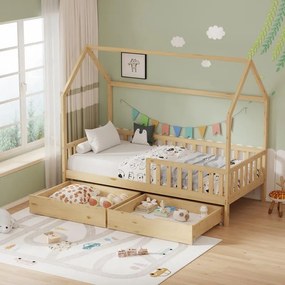 Κρεβάτι παιδικό Piccolo τύπου Montessori με 2 συρτάρια ξύλο πεύκου φυσικό 90x190 εκ. 90x190x160.5 εκ.