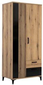 Ντουλάπα Orlando AD109, Γυαλιστερό μαύρο, Δρυς, 194x88.5x54.5cm, Πόρτες ντουλάπας: Με μεντεσέδες