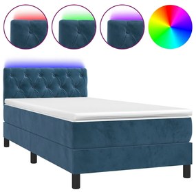 vidaXL Κρεβάτι Boxspring με Στρώμα & LED Σκ. Μπλε 80x200 εκ. Βελούδινο