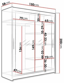Ντουλάπα Atlanta 127, Άσπρο, 200x150x58cm, 127 kg, Πόρτες ντουλάπας: Ολίσθηση, Αριθμός ραφιών: 5, Αριθμός ραφιών: 5 | Epipla1.gr