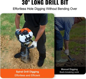 VEVOR Gas Post Hole Digger 63CC 2400W με τρυπάνια 20,3 cm &amp; 1 ράβδο επέκτασης