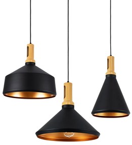 01334 GloboStar® CALYPSO 01334 Μοντέρνο Κρεμαστό Φωτιστικό Καμπάνα Σετ Τρίφωτο 3 x E27 Μαύρο & Χρυσό Μέταλλο με Μπεζ Ξύλο - Μ110 x Π110 x Υ35cm