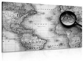 Εικόνα ασπρόμαυρο παγκόσμιο χάρτη με μεγεθυντικό φακό - 60x40