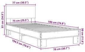 Πλαίσιο Κρεβατιού Sonoma Δρυς 75 x 190 εκ. Επεξ. Ξύλο &amp; Μέταλλο - Καφέ