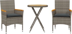 vidaXL Σετ Επίπλων Bistro 3τεμ. Γκρι Συνθ. Ρατάν/Ακακία + Μαξιλάρια