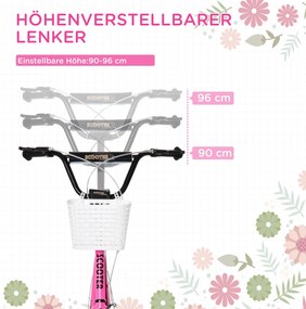 HOMCOM Παιδικό πατίνι με φρένο, με καλάθι, ρυθμιζόμενο ύψος, για παιδιά 5-12 ετών, Λευκό + Ροζ