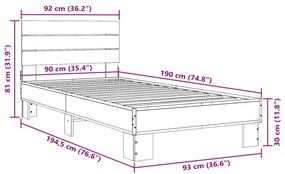 Πλαίσιο Κρεβατιού Γκρι Sonoma 90 x 190 εκ. Επεξ. Ξύλο &amp; Μέταλλο - Γκρι