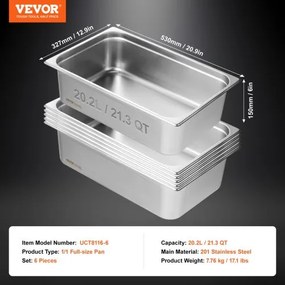 VEVOR 6 Pack Full Size Hotel Pans Steam Table Pan Stainless Steel 6" Deep
