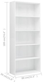 vidaXL Βιβλιοθήκη με 5 Ράφια Γυαλιστερό Λευκό 80x30x189 εκ Μοριοσανίδα