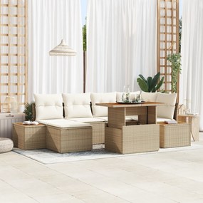 vidaXL Σετ Εξωτερικής Τραπέζης με 7 Κομμάτια και Μαξιλάρια Μπεζ Πολυ Ρατάν και Ακακία