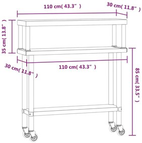 Πάγκος Εργασίας Κουζίνας με Ράφι 110x30x120 εκ. Ανοξείδ. Ατσάλι