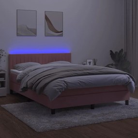 vidaXL Κρεβάτι Boxspring με Στρώμα & LED Ροζ 140x200 εκ. Βελούδινο