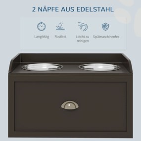 Σταθμός τροφοδοσίας PawHut, υπερυψωμένα μπολ φαγητού 2 μπολ, 2 μπολ από ανοξείδωτο ατσάλι, 1 χώρος αποθήκευσης, 60 x 30 x 36 cm, καφέ